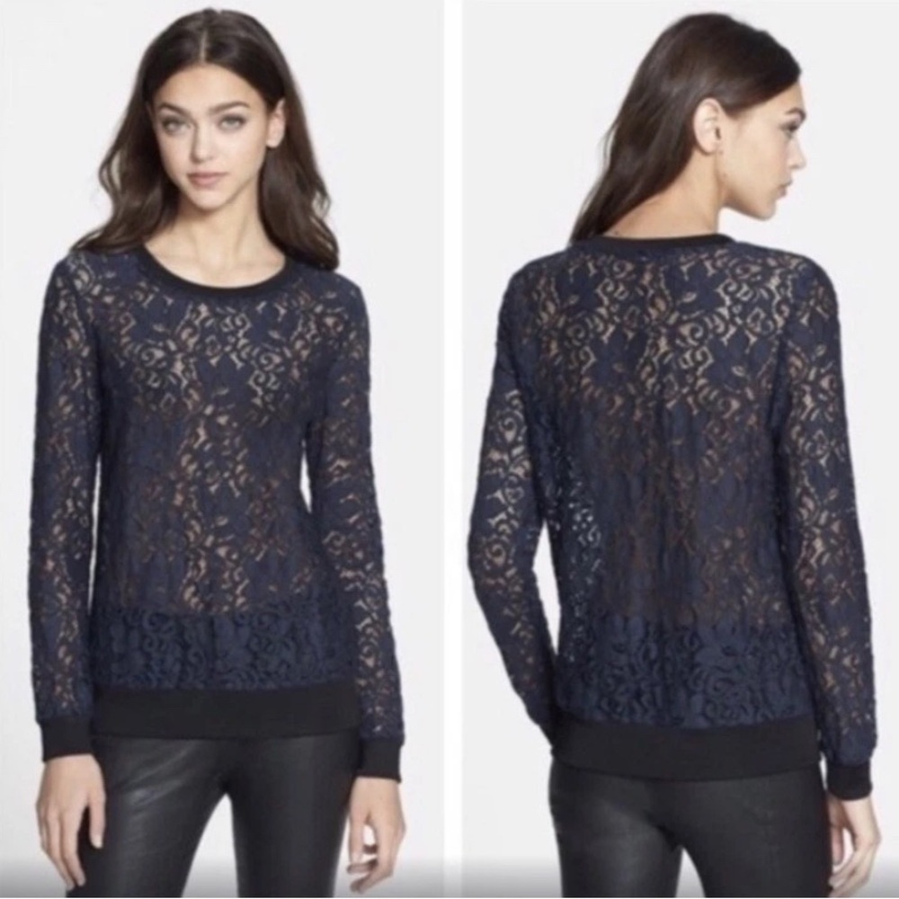EUC Theory Jaidyn Navy Black Lace Floral Sheer Long Sleeve Top Medium